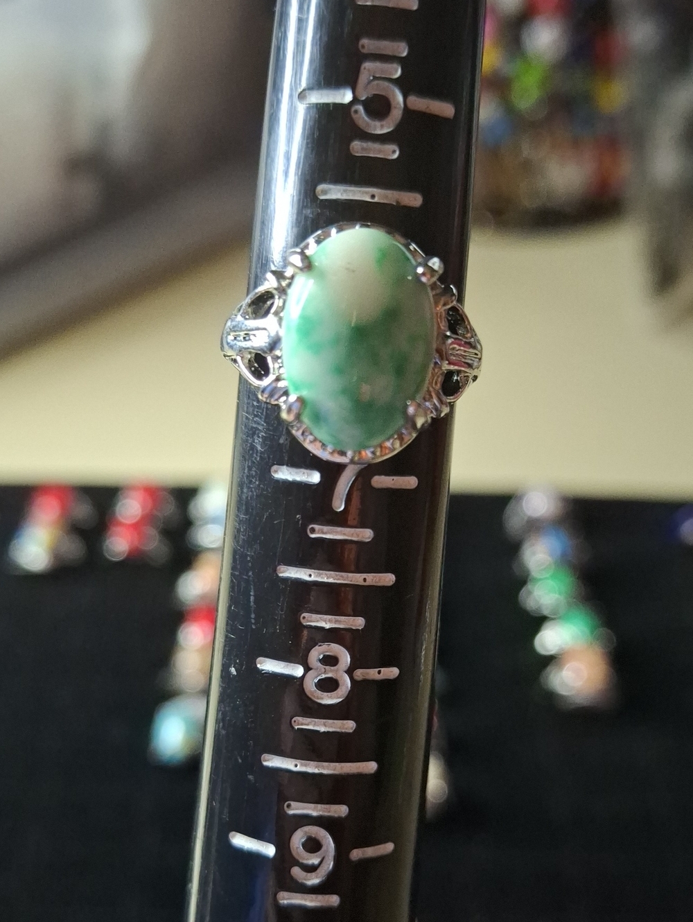 Silver Tone Green Marbled Oval Stone Ring Sz 6.5 New
